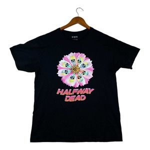 Halfway Dead HWD Men’s Black Skulls Flower Band Punk T-Shirt sz L